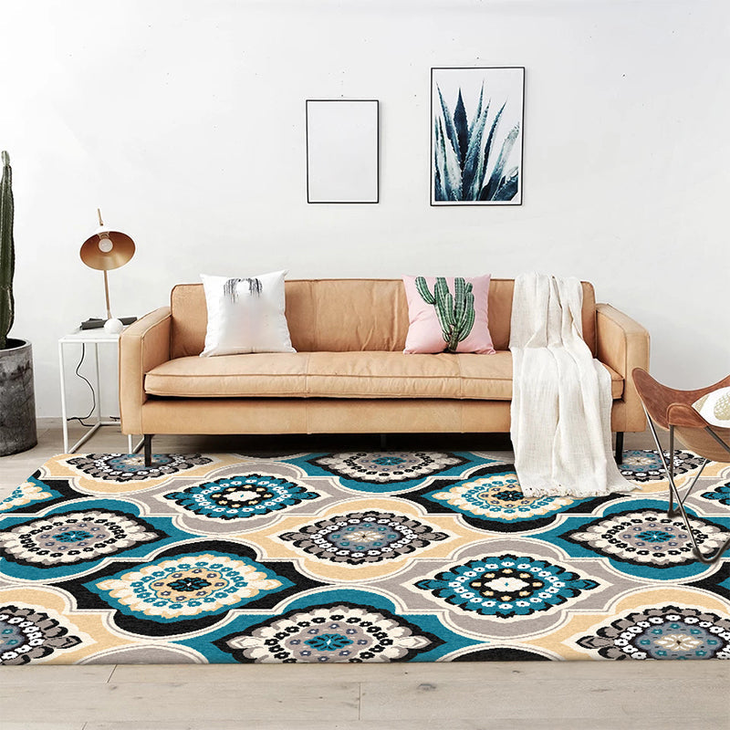 Avtoit | Classic Floral Pattern Rug Blue Vintage Rug Polyester Washable Non-Slip Mat Rug for Bedroom