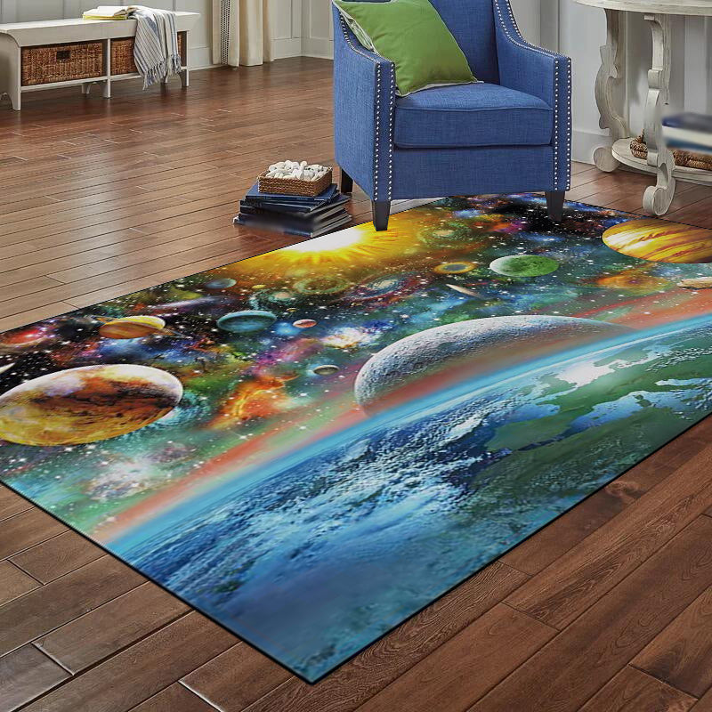 Avtoit | Scandinavian Modern Carpet in Blue Space Planet Pattern Carpet Polyester Non-Slip Rug for Home Decoration