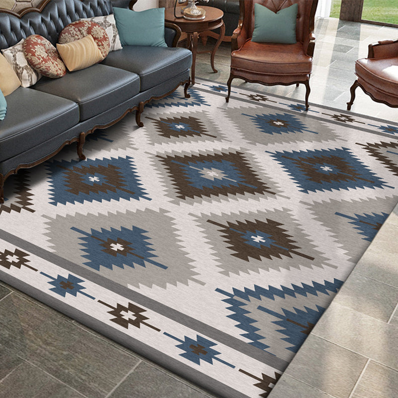 Avtoit | Blue and Gray Southwest Rug Polyester geometric pattern rug washable non-slip bottom rug for living room