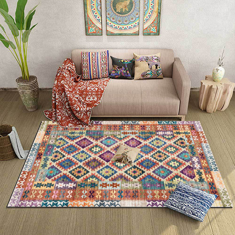 Avtoit | Yellow Persian Carpet Polyester Geometric and Check Pattern Carpet Washable Non-Slip Backing for Living Room