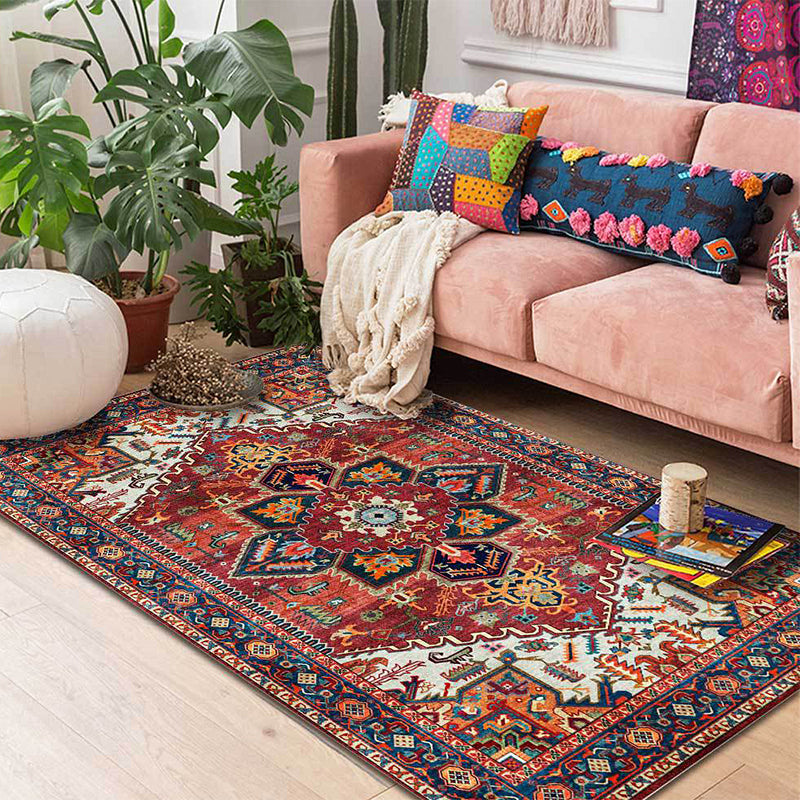 Avtoit | Retro Medallion Pattern Carpet Red Persian Carpet Polyester Machine Washable Non-Slip Area Rug for Bedroom