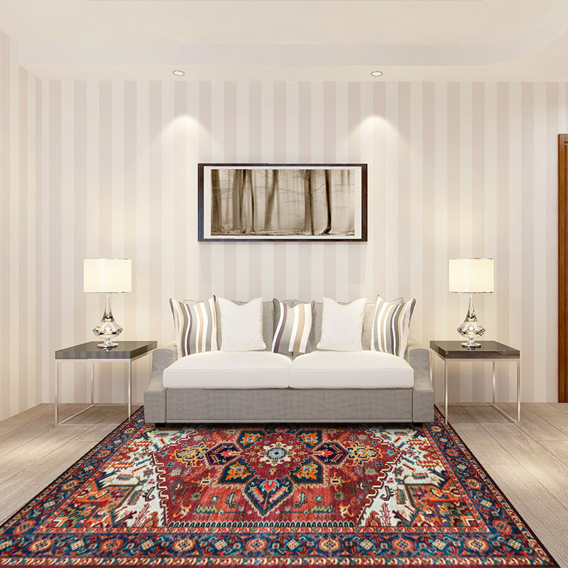 Avtoit | Retro Medallion Pattern Carpet Red Persian Carpet Polyester Machine Washable Non-Slip Area Rug for Bedroom