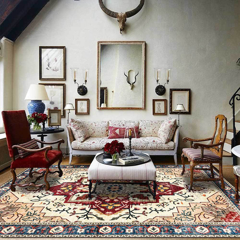 Avtoit | Moroccan Medallion Print Rug Light Brown Polyester Rug Machine Washable Non-Slip From the Floor for the Living Room