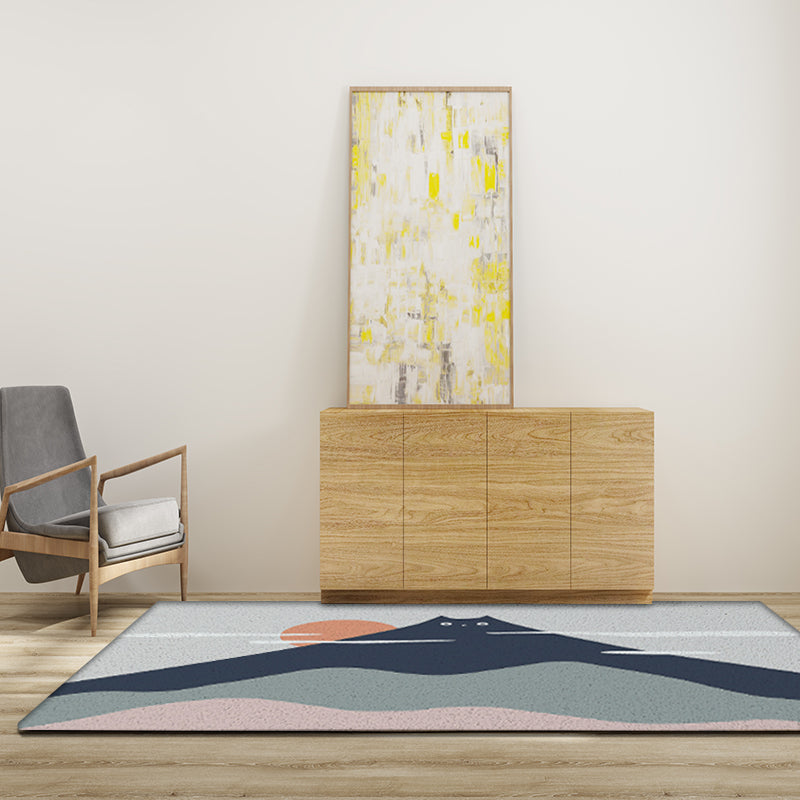 Avtoit | Green and Gray Children's Mat Vinyl Cat Mountains Print Carpet Washable Nonslip Back Rug for Children's Room