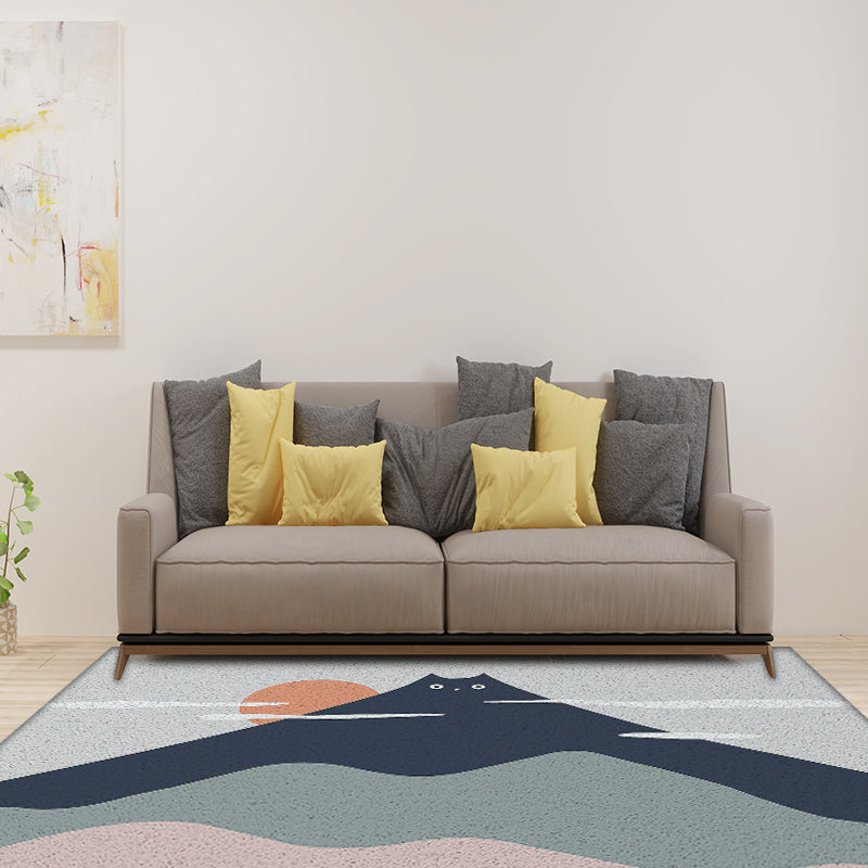 Avtoit | Green and Gray Children's Mat Vinyl Cat Mountains Print Carpet Washable Nonslip Back Rug for Children's Room