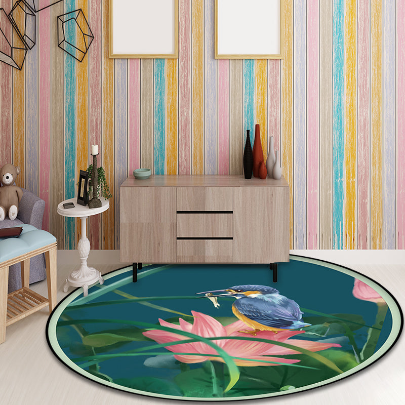 Avtoit | Vintage Lotus Pattern Carpet with Bird and Leaf Green Polyester Carpet Machine Washable Non-Slip Area Rug for Living Room