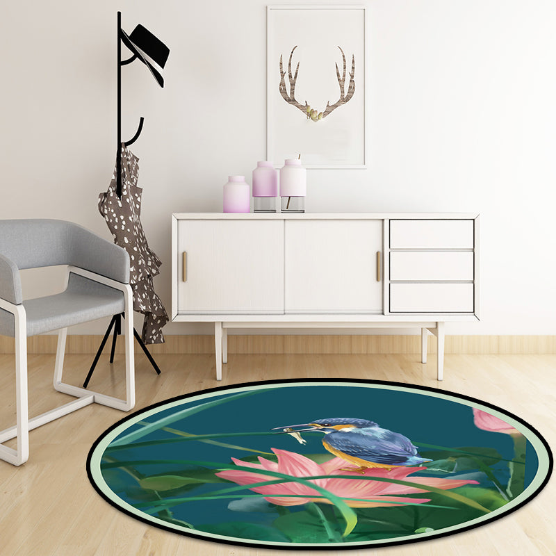 Avtoit | Vintage Lotus Pattern Carpet with Bird and Leaf Green Polyester Carpet Machine Washable Non-Slip Area Rug for Living Room