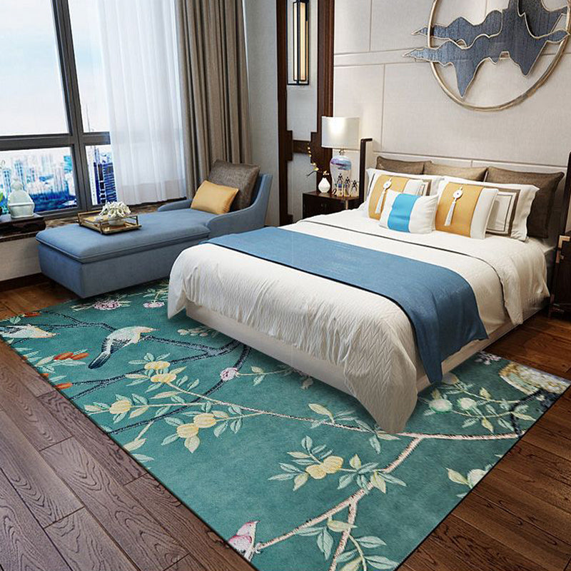 Avtoit | Retro Leaf Pattern Carpet with floral and bird green Oriental carpet washable polyester non-slip underlay carpet for bedroom