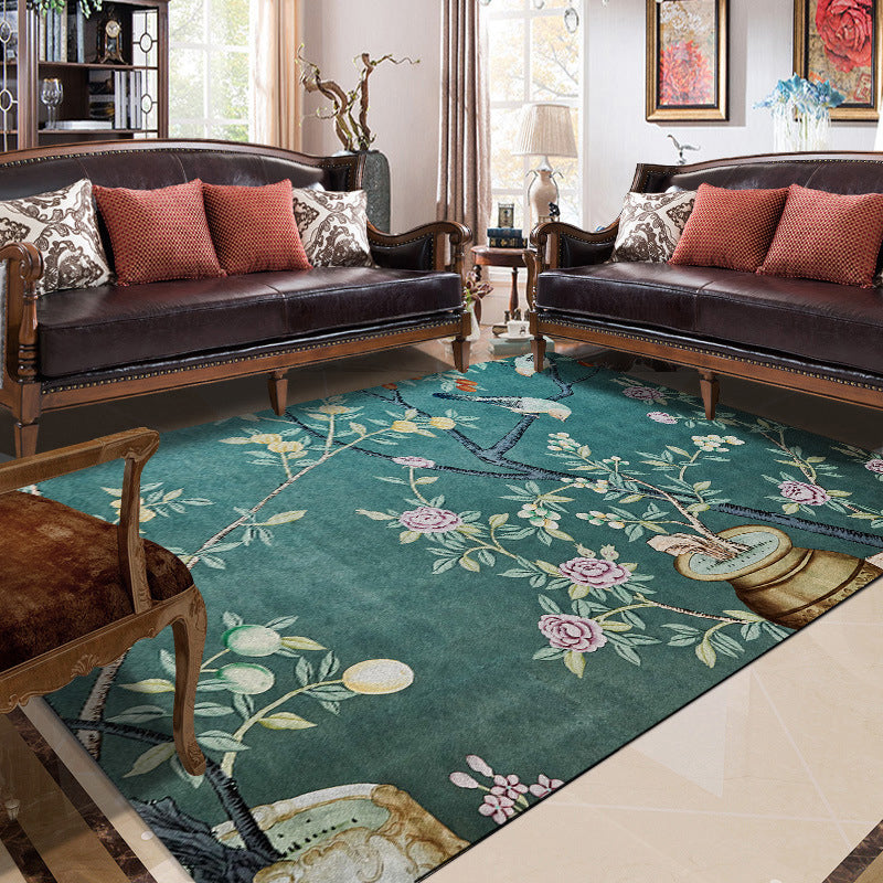 Avtoit | Retro Leaf Pattern Carpet with floral and bird green Oriental carpet washable polyester non-slip underlay carpet for bedroom