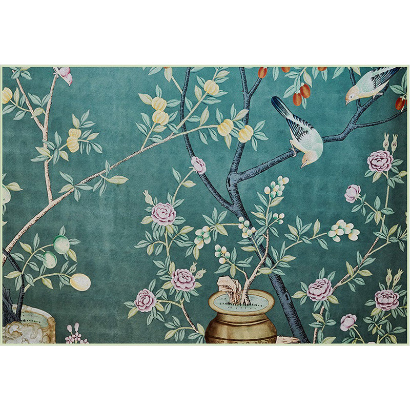 Avtoit | Retro Leaf Pattern Carpet with floral and bird green Oriental carpet washable polyester non-slip underlay carpet for bedroom