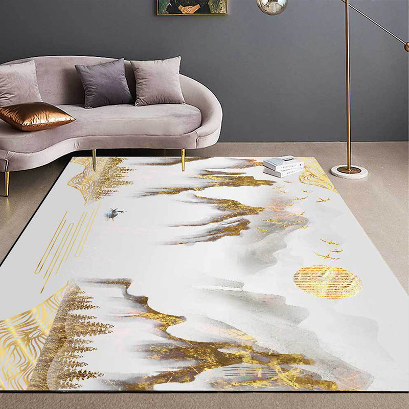 Avtoit | Retro Mountain Pattern Carpet with Character and Bird Golden Eastern Carpet Polyester Washable Non-Slip Backing Area Rug for Living Room