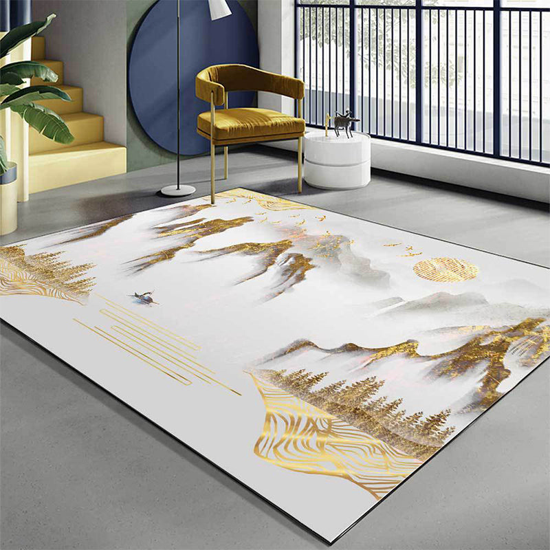 Avtoit | Retro Mountain Pattern Carpet with Character and Bird Golden Eastern Carpet Polyester Washable Non-Slip Backing Area Rug for Living Room