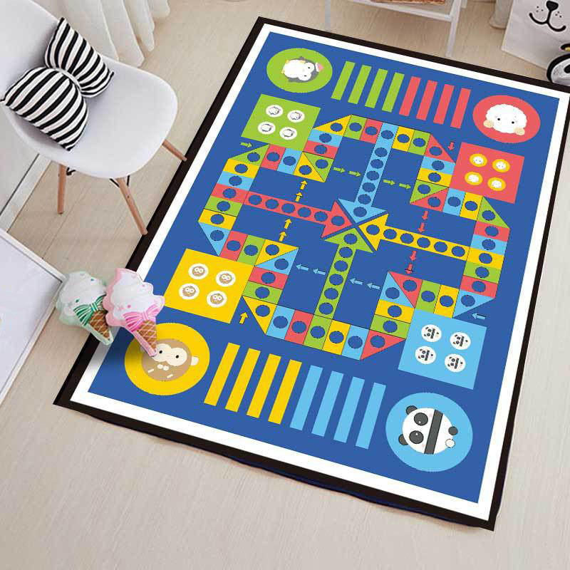Avtoit | Blue Children's Room Carpet Children Educational Ludo Pattern Area Rug Polyester Pet Friendly Washable Rug