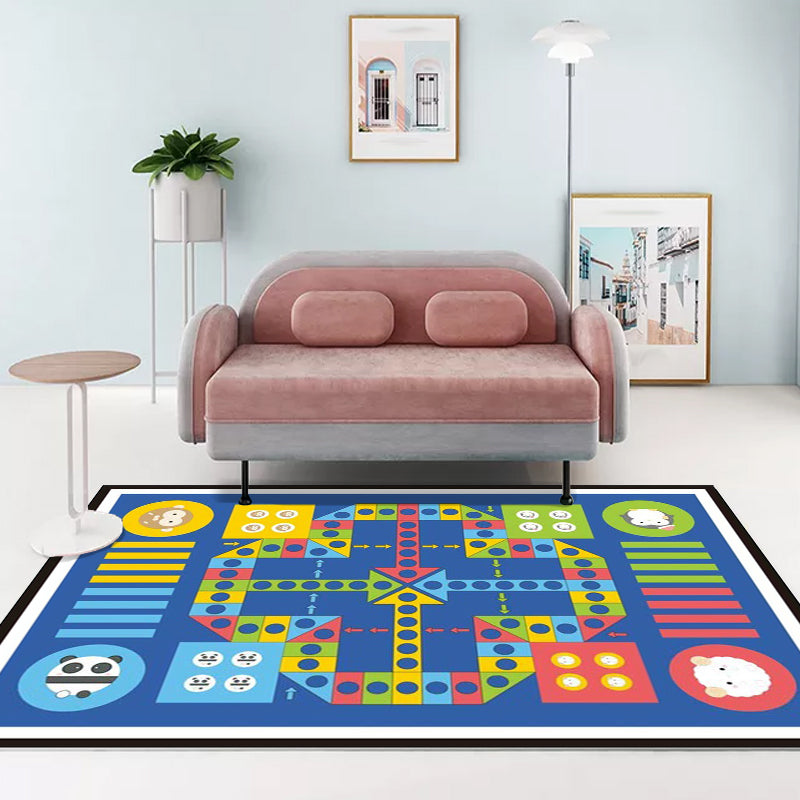Avtoit | Blue Children's Room Carpet Children Educational Ludo Pattern Area Rug Polyester Pet Friendly Washable Rug