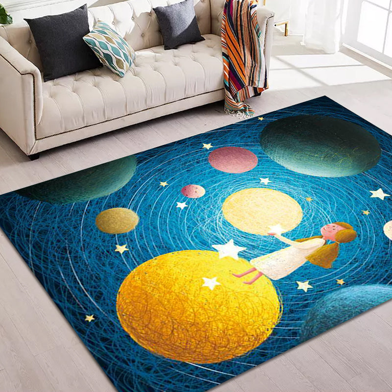 Avtoit | Beautiful children's rug in blue with planet patterns in space, polyester, non-slip, washable, rug for the children's room