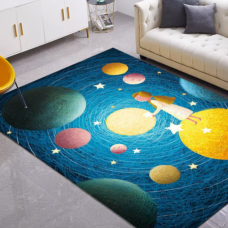 Avtoit | Beautiful children's rug in blue with planet patterns in space, polyester, non-slip, washable, rug for the children's room