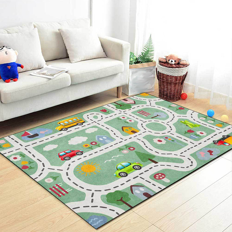 Avtoit | Beautiful children's carpet in green with cars & roads, house, flowers, tree pattern, polyester, pet-friendly carpet for the children's room