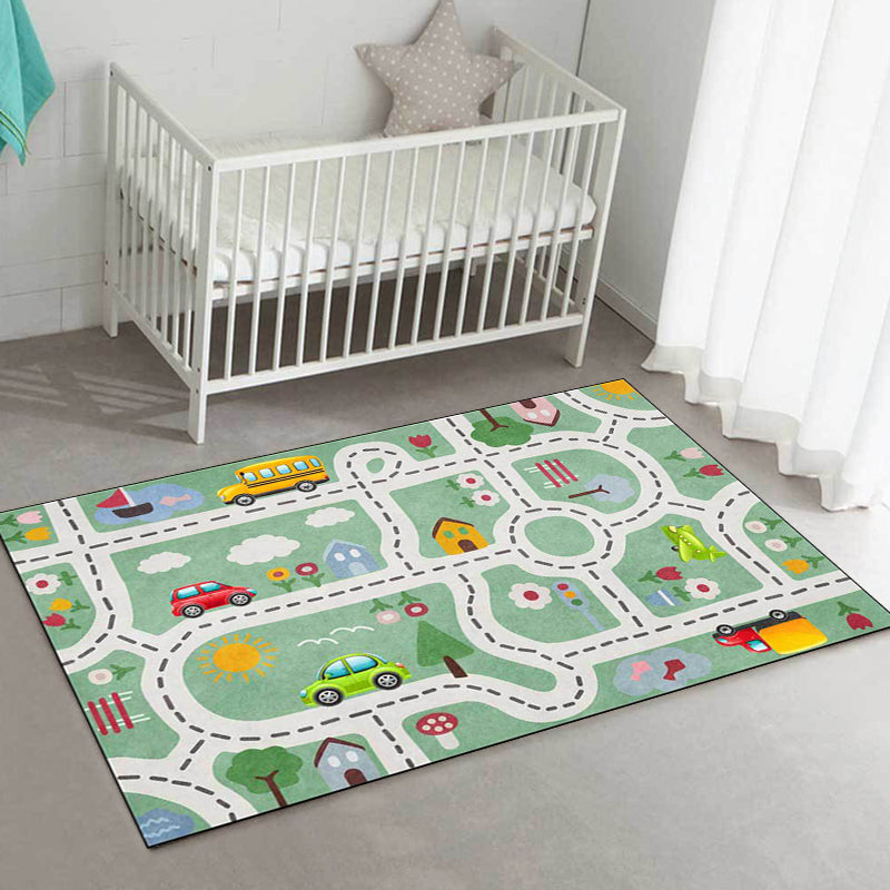 Avtoit | Beautiful children's carpet in green with cars & roads, house, flowers, tree pattern, polyester, pet-friendly carpet for the children's room