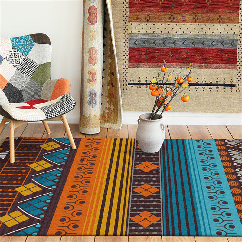 Avtoit | Stamm geometric striped pattern rug brown and blue vintage rug polyester washable non-slip backing rug for bedroom
