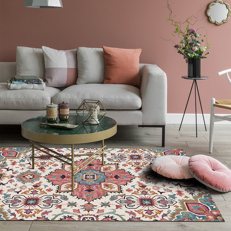 Avtoit | Pink Mediterranean Carpet Polyester Flower and Medallion Pattern Carpet Washable Non-Slip Back Carpet for Living Room