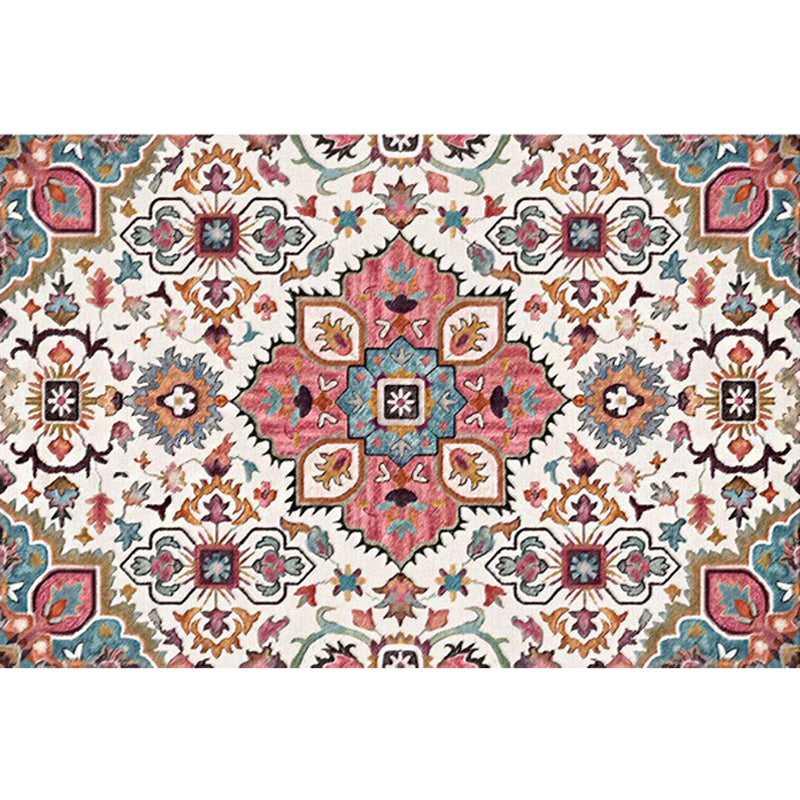 Avtoit | Pink Mediterranean Carpet Polyester Flower and Medallion Pattern Carpet Washable Non-Slip Back Carpet for Living Room