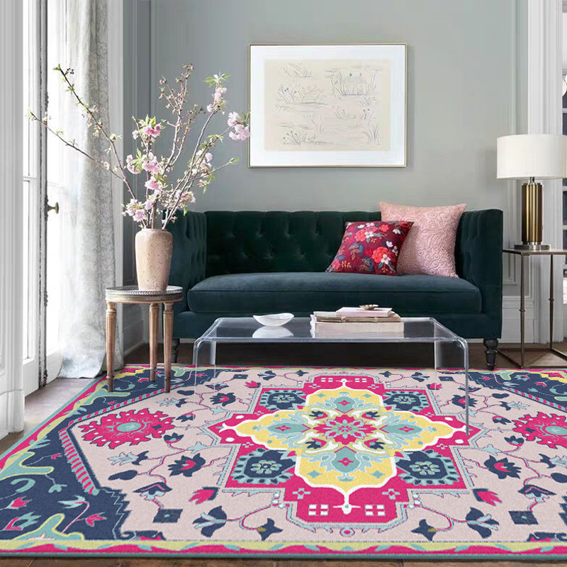 Avtoit | Pink and Blue Mediterranean Carpet Polyester Medallion Pattern Carpet Washable Non-Slip Backing Carpet for Living Room