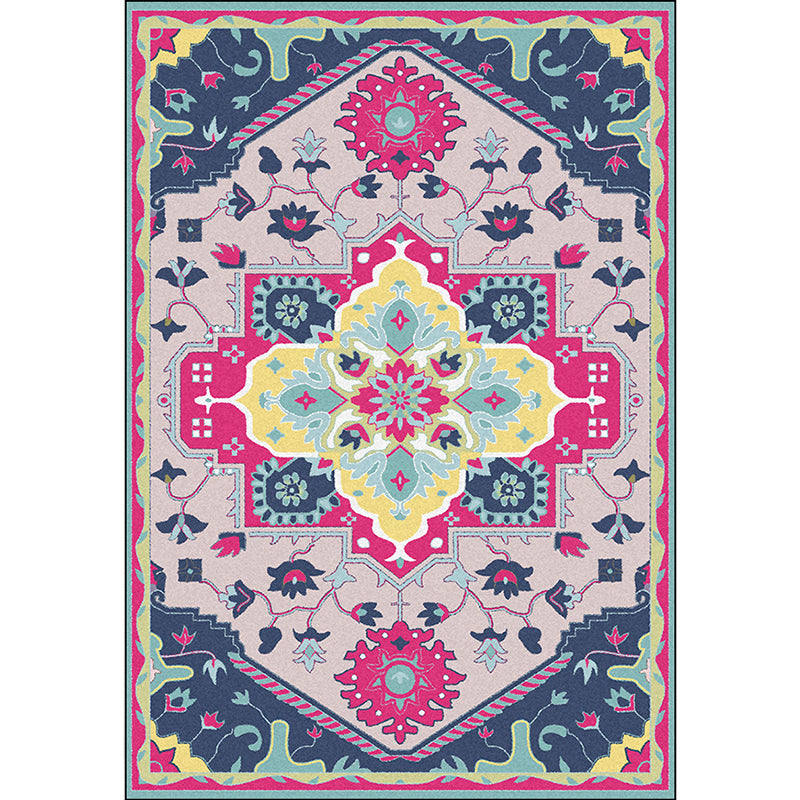 Avtoit | Pink and Blue Mediterranean Carpet Polyester Medallion Pattern Carpet Washable Non-Slip Backing Carpet for Living Room