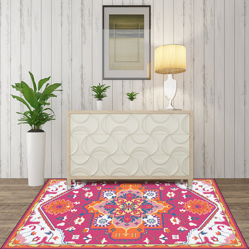 Avtoit | Pink and Blue Mediterranean Carpet Polyester Medallion Pattern Carpet Washable Non-Slip Backing Carpet for Living Room
