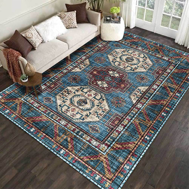 Avtoit | Moroccan Medallion Pattern Rug Blue Polyester Rug Machine Washable Non-Slip Area Rug for Living Room