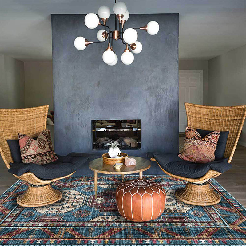 Avtoit | Moroccan Medallion Pattern Rug Blue Polyester Rug Machine Washable Non-Slip Area Rug for Living Room