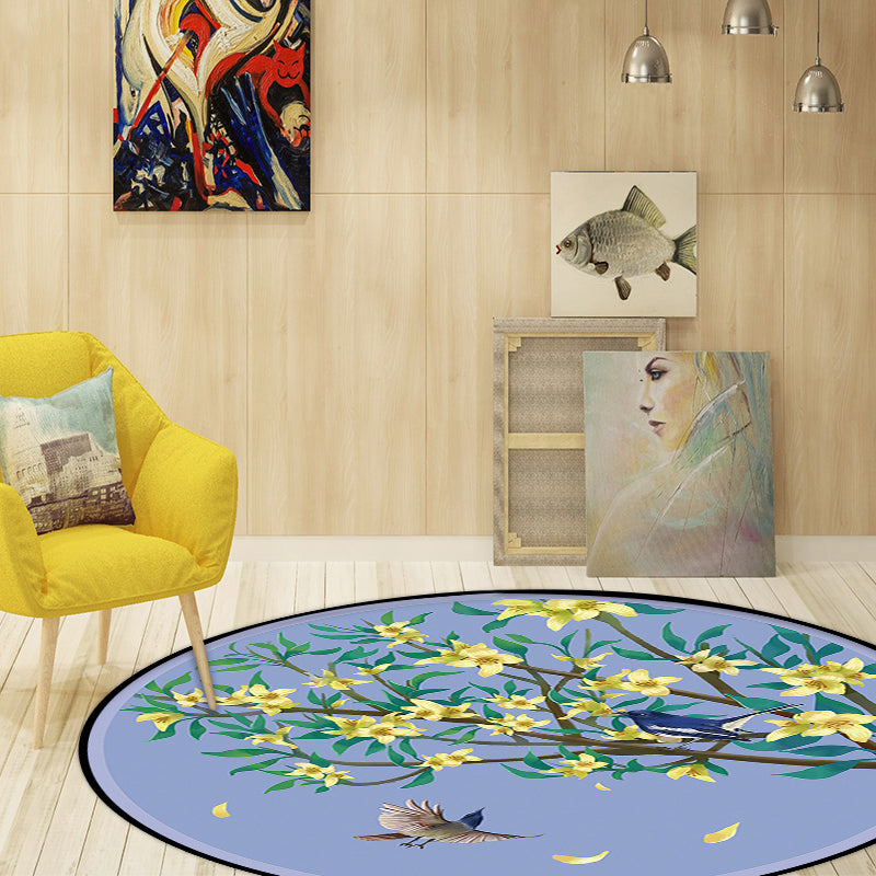 Avtoit | Unique Flower Pattern Carpet with Bird and Leaf Purple and Yellow Oriental Carpet Polyester Washable Non-Slip Back Area Rug for Bedroom