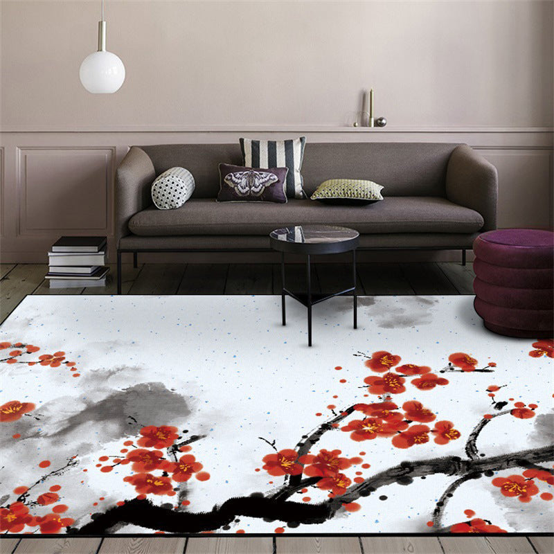 Avtoit | Red and White Oriental Carpet Polyester Ink Wash Paint Pattern Carpet Washable Nonslip Back Carpet for Bedroom