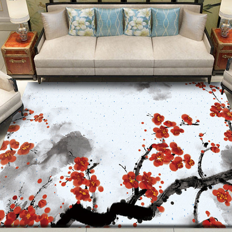 Avtoit | Red and White Oriental Carpet Polyester Ink Wash Paint Pattern Carpet Washable Nonslip Back Carpet for Bedroom