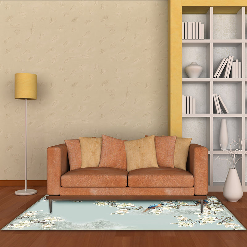 Avtoit | Vintage Floral Pattern Rug with Bird Light Green Polyester Rug Machine Washable Non-Slip Rug for the Bedroom