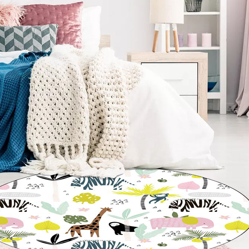 Avtoit | White Children's Room Rug Kids Animal Giraffe Zebra Elephant Pattern Area Rug Polyester Non-Slip Underlay Rug