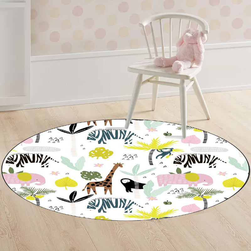 Avtoit | White Children's Room Rug Kids Animal Giraffe Zebra Elephant Pattern Area Rug Polyester Non-Slip Underlay Rug