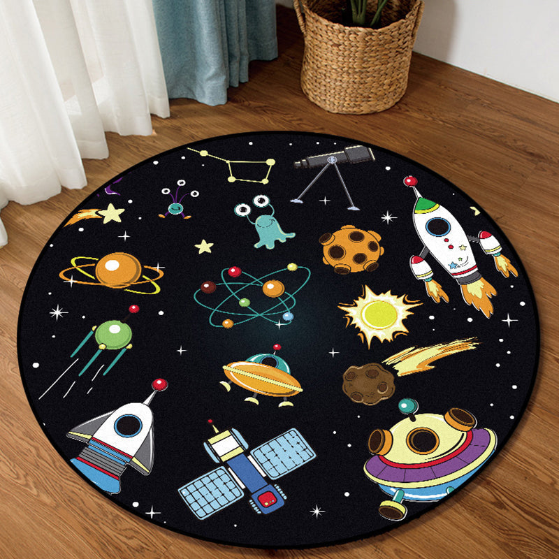 Avtoit | Unique Children's Carpet in Black Outdoor Space Airplane Planet Star Patterns Carpet Polyester Pet Friendly Area Rug for Children's Room