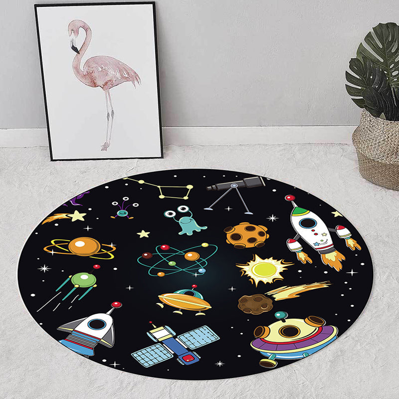 Avtoit | Unique Children's Carpet in Black Outdoor Space Airplane Planet Star Patterns Carpet Polyester Pet Friendly Area Rug for Children's Room