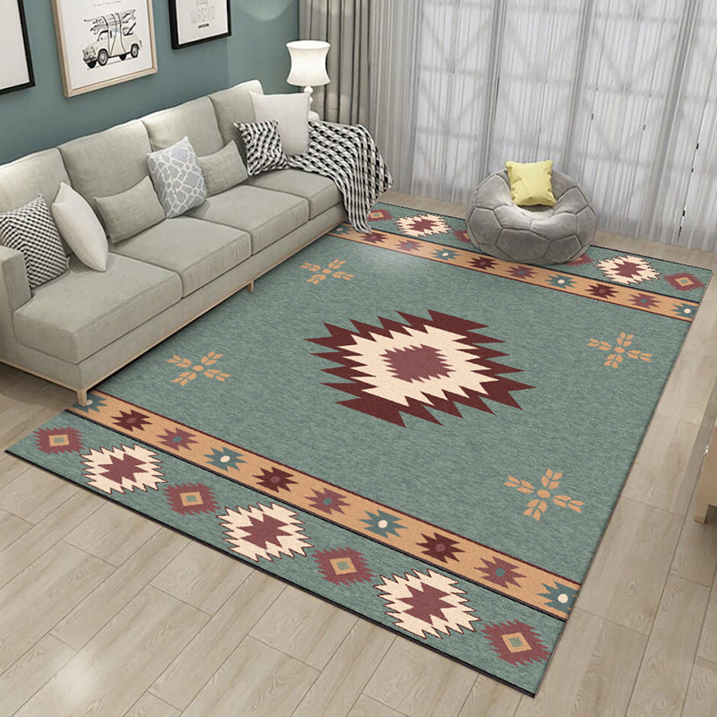 Avtoit | Green Tribal Rug Polyester Tribal Pattern Rug Washable Non-Slip Underlay Rug for the Living Room