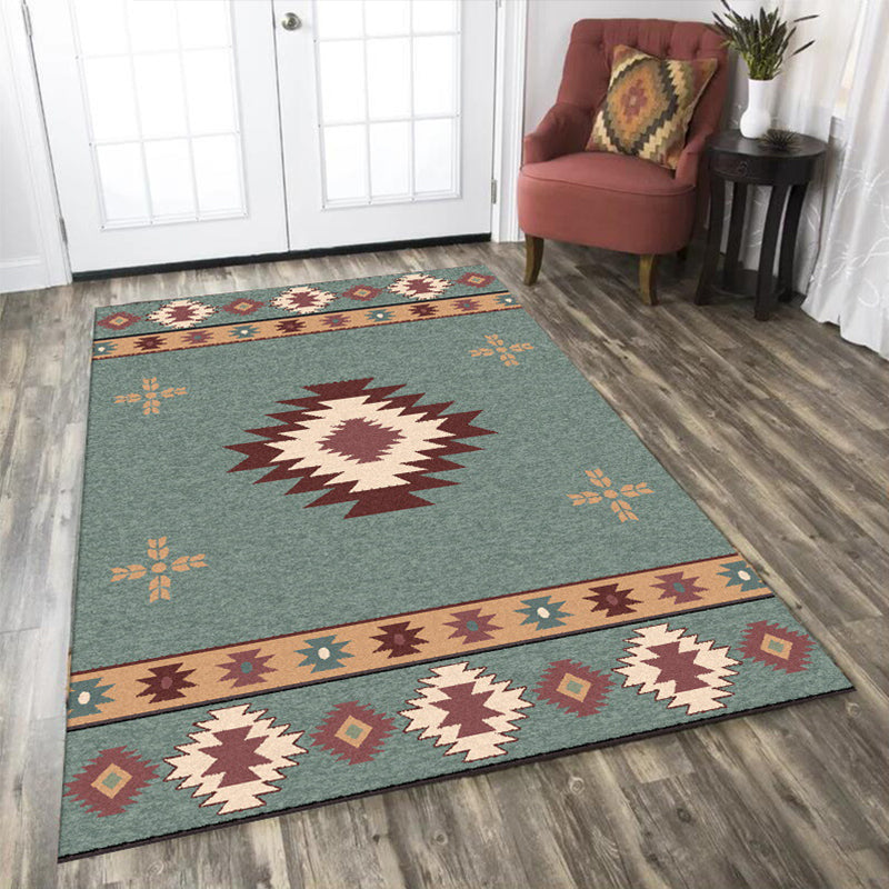 Avtoit | Green Tribal Rug Polyester Tribal Pattern Rug Washable Non-Slip Underlay Rug for the Living Room