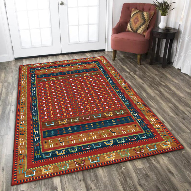 Avtoit | Traditional Tribal Pattern Carpet Red Vintage Carpet Polyester Washable Non-Slip Back Carpet for Bedroom