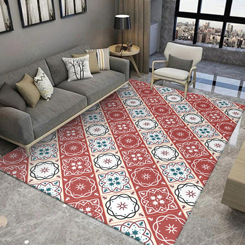 Avtoit | Classic Checkered Pattern Carpet with Floral Red Vintage Carpet made of Polyester washable with non-slip backing Carpet for the Bedroom