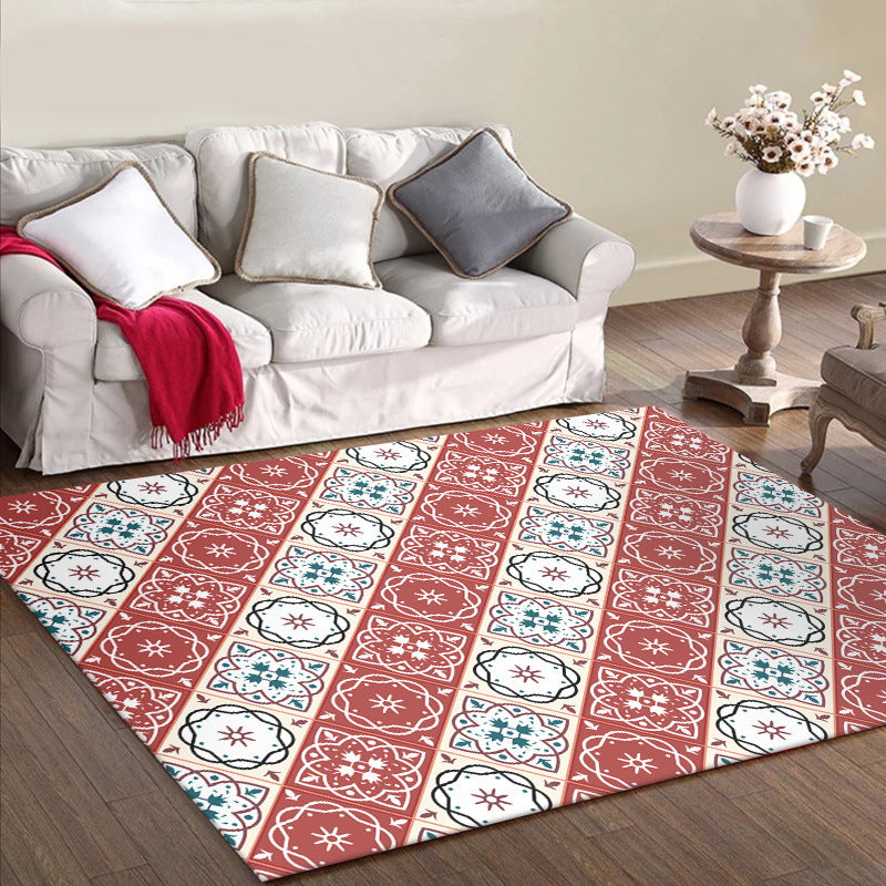 Avtoit | Classic Checkered Pattern Carpet with Floral Red Vintage Carpet made of Polyester washable with non-slip backing Carpet for the Bedroom