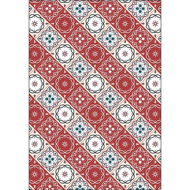Avtoit | Classic Checkered Pattern Carpet with Floral Red Vintage Carpet made of Polyester washable with non-slip backing Carpet for the Bedroom