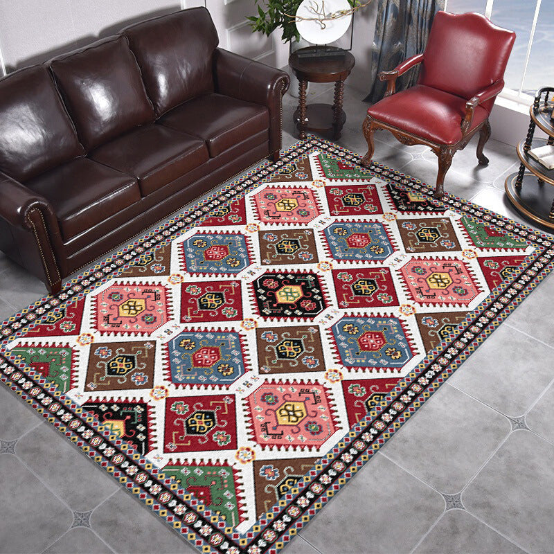 Avtoit | Traditional Tribal Pattern Carpet Red and Grey Vintage Carpet Polyester Washable Non-slip Back Area Rug for Bedroom