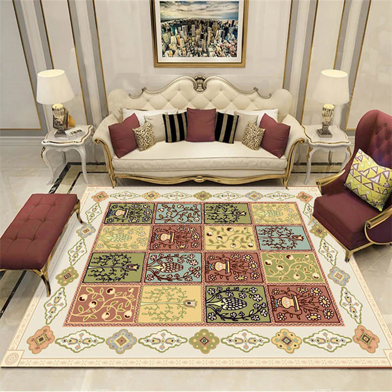 Avtoit | Persian checkered printed carpet with floral beige polyester carpet machine washable non-slip rug for the living room
