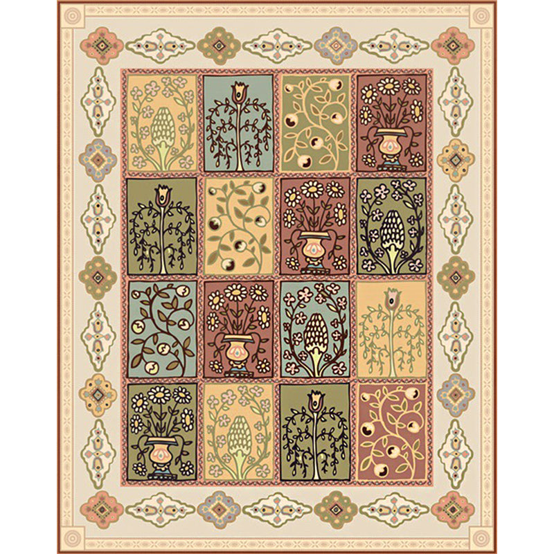 Avtoit | Persian checkered printed carpet with floral beige polyester carpet machine washable non-slip rug for the living room