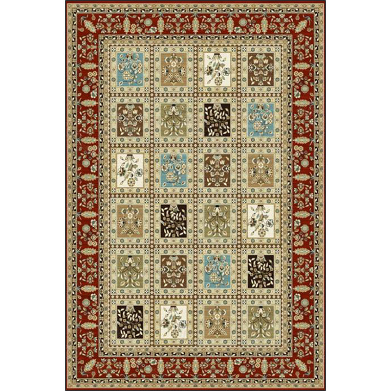 Avtoit | Red and Beige Moroccan Carpet Polyester Checked and Floral Pattern Carpet Washable Non-Slip Backing Carpet for Living Room