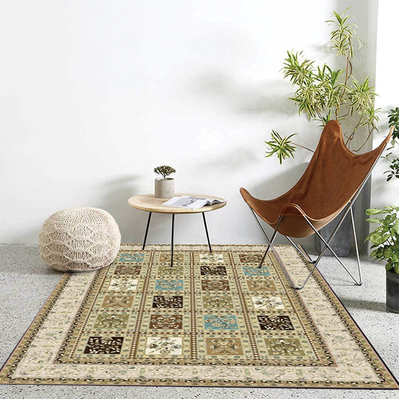 Avtoit | Red and Beige Moroccan Carpet Polyester Checked and Floral Pattern Carpet Washable Non-Slip Backing Carpet for Living Room