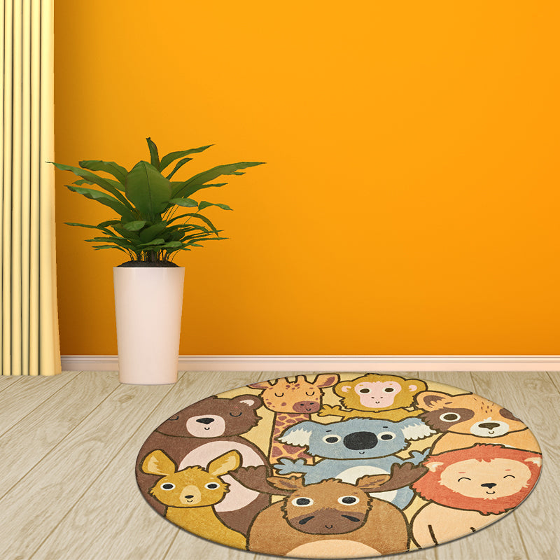 Avtoit | Kids Cartoon Animals Pattern Rug Yellow Polyester Rug Washable Non-Slip Back Rug for Home Decor